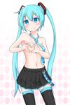  aqua_eyes aqua_hair bangs black_legwear black_skirt blush breasts commentary_request cowboy_shot embarrassed eyebrows_visible_through_hair hair_between_eyes hatsune_miku heart heart-shaped_boob_challenge heart_hands highres long_hair looking_at_viewer naked_necktie navel necktie pleated_skirt skirt small_breasts solo thighhighs topless twintails very_long_hair vocaloid yuta1147 