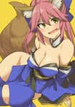  :d animal_ears bare_shoulders blue_legwear breasts cleavage detached_collar detached_sleeves fate/extra fate_(series) fox_ears fox_tail hair_ribbon hand_rest highres japanese_clothes kimono kosuke_haruhito large_breasts long_hair no_panties open_mouth purple_hair ribbon smile solo tail tamamo_(fate)_(all) tamamo_no_mae_(fate) thighhighs yellow_eyes 