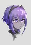  absurdres bangs black_hairband black_skin blush closed_mouth emoto_reishi eyebrows_visible_through_hair eyelashes fate/grand_order fate/prototype fate/prototype:_fragments_of_blue_and_silver fate_(series) hair_between_eyes hairband hassan_of_serenity_(fate) highres lips looking_away purple_eyes purple_hair short_hair short_hair_with_long_locks sidelocks silver_background simple_background solo turtleneck 