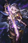  alternate_costume armor armpits ass_visible_through_thighs athenawyrm breasts cape cleavage cravat dark_background female_my_unit_(fire_emblem_if) fire_emblem fire_emblem_if gauntlets glowing glowing_sword glowing_weapon greaves grey_hair hairband long_hair looking_at_viewer medium_breasts my_unit_(fire_emblem_if) panties red_eyes serious solo sword thigh_gap thighhighs torn_cape underwear weapon 