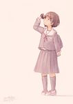  :o backpack bag blue_legwear brown_hair camera commentary_request dated full_body hair_ornament hairclip hand_up holding holding_camera long_sleeves looking_up parted_lips pigeon-toed pink_background pleated_skirt pochi_(poti1990) red_ribbon ribbon sailor_collar school_bag school_uniform serafuku shirt shoes short_hair signature simple_background skirt socks solo standing 