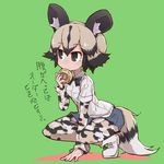  african_wild_dog_(kemono_friends) african_wild_dog_print animal_ears arm_support black_bow black_hair black_neckwear bow bowtie brown_eyes brown_hair denim denim_shorts dog_ears dog_tail eating eyebrows_visible_through_hair food green_background highres japari_bun kemono_friends long_sleeves multicolored multicolored_clothes multicolored_legwear pantyhose shirt shoes short_hair short_over_long_sleeves short_shorts short_sleeves shorts solo squatting tail teranekosu translated white_footwear white_shirt 