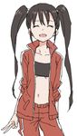  :d bangs beltbra black_bra black_hair bra closed_eyes contrapposto cowboy_shot eyebrows_visible_through_hair facing_viewer highres jacket long_hair long_sleeves midriff navel open_clothes open_jacket open_mouth pants red_jacket red_pants simple_background sketch smile solo standing track_suit twintails underwear v white_background yamamoto_souichirou 