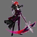  androgynous apt belt black_gloves full_body fur_trim gloves grey_background gyakushuu_no_fantasica heart highres holding holding_weapon looking_at_viewer official_art red_hair scythe simple_background solo weapon yellow_eyes 