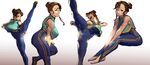  alternate_costume barefoot blush breasts brown_hair cameltoe chun-li diathorn double_bun flexible hair_bun highres kicking large_breasts leg_lift leg_up looking_at_viewer multiple_views one_eye_closed shoes smile sneakers stirrup_legwear street_fighter street_fighter_zero_(series) toeless_legwear 