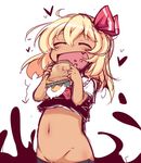  ^_^ belly blonde_hair blush bow closed_eyes darkness directional_arrow eating egg fang food fried_egg groin hair_ribbon heart lettuce muuba navel out-of-frame_censoring plump ribbon rumia sandwich short_hair solo tan toothpick touhou 