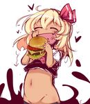  ^_^ belly blonde_hair blush bow cheese cheese_trail closed_eyes commentary_request darkness directional_arrow eating fang food groin hair_ribbon hamburger heart lettuce muuba navel out-of-frame_censoring plump ribbon rumia short_hair solo tan tomato toothpick touhou 