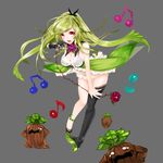  :d apt bare_shoulders beamed_eighth_notes black_gloves black_legwear breasts dress eighth_note full_body gloves green_hair grey_background gyakushuu_no_fantasica hair_ornament large_breasts long_hair looking_at_viewer microphone monster musical_note official_art open_mouth purple_eyes sideboob simple_background single_glove single_thighhigh sleeveless sleeveless_dress smile thighhighs 