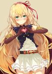  3: absurdres arisa_(shadowverse) belt blonde_hair blush breasts cowboy_shot elbow_gloves elf gloves gold_trim green_eyes hair_ribbon hands_up heart heart_hands highres long_hair looking_at_viewer loose_belt medium_breasts pointy_ears ribbon shadowverse skirt solo thigh_gap very_long_hair wavy_mouth yamato_(muchuu_paradigm) 