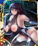  1girl :d aoi_nagisa_(artist) aoi_nagisa_(metalder) arm_guards armor bangs bare_shoulders black_hair blush breast_hold breasts brown_hair card_(medium) cleavage collarbone covered_navel crossed_arms curvy elbow_gloves erect_nipples female from_side gloves grey_gloves grey_legwear hair_between_eyes hair_ribbon halterneck hand_on_hip hand_up highleg highleg_leotard highres huge_breasts impossible_clothes impossible_leotard leotard lilith-soft lipstick looking_at_viewer makeup maroon_hair mizuki_shiranui moon naughty_face night nipples no_bra official_art open_mouth parted_lips pink_lipstick puffy_nipples red_eyes ribbon see-through shiny shiny_clothes shiny_skin short_hair skin_tight sky standing taimanin_(series) taimanin_asagi taimanin_asagi_battle_arena taimanin_yukikaze thighhighs thighs thong_leotard turtleneck vambraces 