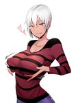  &gt;:) bouncing_breasts breasts cleavage collarbone commentary_request dark_skin highres large_breasts long_sleeves looking_at_viewer original parted_lips pocari_sweat_(artist) shirt short_hair simple_background smile solo striped striped_shirt upper_body v-shaped_eyebrows white_background white_hair yellow_eyes 