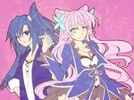  blue_eyes blue_hair butterfly_hair_ornament hair_between_eyes hair_ornament holding_hands hottate interlocked_fingers jewelry kazanari_tsubasa long_hair long_sleeves maria_cadenzavna_eve multiple_girls necklace one_side_up pendant pink_hair purple_background purple_hair senki_zesshou_symphogear sleeves_rolled_up smile symphogear_pendant 