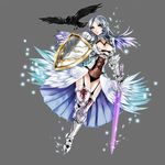  animal apt aqua_eyes bird braid breasts cleavage crow feathered_wings full_body garter_straps gauntlets greaves grey_background gyakushuu_no_fantasica holding holding_sword holding_weapon large_breasts long_hair navel official_art see-through shield silver_hair simple_background solo sword weapon white_legwear wings 