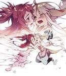  1girl 1other ahoge animal_ears blush colored_eyelashes commentary crying crying_with_eyes_open flower from_side furrification hand_on_another's_cheek hand_on_another's_face helmet horizontal_pupils horned_helmet long_hair looking_at_another made_in_abyss mitty_(made_in_abyss) mitty_(made_in_abyss)_(human) monster_girl monsterification nanachi_(made_in_abyss) nanachi_(made_in_abyss)_(human) open_mouth pants profile red_eyes red_hair short_hair_with_long_locks split_theme spoilers tail tears transformation whistle white_background white_hair yellow_eyes zoom_layer 