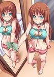  aokihoshi arm_at_side bangs barefoot bed bedroom blue_eyes bra breasts brown_hair cellphone cleavage cleavage_cutout frills from_above full-length_mirror full_body heart heart_cutout highres hip_bones holding holding_phone indoors jewelry long_hair long_legs lowleg lowleg_shorts medium_breasts mirror navel original outstretched_arm pendant phone pink_shorts reflection short_shorts shorts smartphone smile solo standing toes underwear underwear_only 
