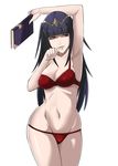  armpits bikini black_hair breasts cape cleavage fire_emblem fire_emblem:_kakusei fire_emblem_heroes groin highres j@ck large_breasts long_hair medium_breasts navel purple_eyes smile solo swimsuit tharja thighs thumb_to_mouth tiara two_side_up wide_hips 