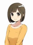  arms_at_sides asymmetrical_bangs bangs blush breasts brown_eyes brown_hair closed_mouth commentary_request eyebrows_visible_through_hair kawai_makoto long_sleeves looking_at_viewer medium_breasts orange_shirt shiny shiny_hair shirt short_hair simple_background smile solo white_background 