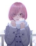  alternate_costume anna_purna black-framed_eyewear breath commentary_request double-breasted eyes_visible_through_hair fate/grand_order fate_(series) glasses grey_coat hair_over_one_eye hands_up lips long_sleeves looking_at_viewer mash_kyrielight parted_lips pink_eyes pink_hair railing scarf short_hair simple_background solo upper_body white_background white_scarf winter 