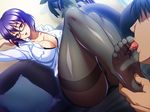  1boy 1girl blue_eyes cleavage couch feet foot_licking foot_worship glasses no_shoes office_lady one_leg_raised open_shirt pantyhose pantyshot parted_lips purple_hair short_hair sitting soles toes 