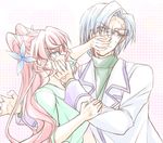  1girl anger_vein aqua_eyes arm_grab butterfly_hair_ornament chin_grab closed_labcoat glasses green_shirt hair_ornament hottate john_wayne_vercingetorix labcoat long_hair maria_cadenzavna_eve pink_background pink_hair pushing_away pushing_face senki_zesshou_symphogear shirt short_hair silver_hair sweat turtleneck 