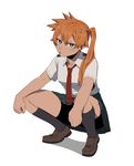  bike_shorts boku_no_hero_academia frown full_body green_eyes hair_over_shoulder kendou_itsuka kneehighs loafers long_hair looking_at_viewer necktie orange_hair pleated_skirt ponytail school_uniform shoes side_ponytail simple_background skirt solo squatting strawberryjamm u.a._school_uniform white_background 