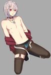  absurdres asymmetrical_clothes boxer_briefs closed_mouth collar danieru_hatto dog_tags garter_straps grey_background hair_ornament hairclip highres horinochi_yogaru horne_(website) jewelry looking_at_viewer male_focus male_underwear mascot necklace nipples pants red_eyes shirtless silver_hair simple_background solo sweat thighhighs unbuckled_belt underwear 