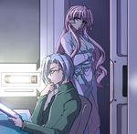  1girl breasts chin_stroking cleavage crossed_arms glasses hair_down hottate john_wayne_vercingetorix large_breasts long_hair maria_cadenzavna_eve pink_hair profile robe senki_zesshou_symphogear short_hair silver_hair sitting tablet turtleneck 