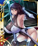  1girl :d aoi_nagisa_(artist) aoi_nagisa_(metalder) arm_guards armor bangs bare_shoulders black_hair blush breast_hold breasts brown_hair card_(medium) cleavage collarbone covered_navel crossed_arms curvy elbow_gloves erect_nipples female from_side gloves grey_gloves grey_legwear hair_between_eyes hair_ribbon halterneck hand_on_hip hand_up highleg highleg_leotard highres huge_breasts impossible_clothes impossible_leotard leotard lilith-soft lipstick looking_at_viewer makeup maroon_hair mizuki_shiranui moon naughty_face night nipples no_bra official_art open_mouth parted_lips pink_lipstick red_eyes ribbon see-through shiny shiny_clothes shiny_skin short_hair skin_tight sky smile standing taimanin_(series) taimanin_asagi taimanin_asagi_battle_arena taimanin_yukikaze thighhighs thighs thong_leotard turtleneck vambraces 