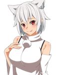  :p animal_ears bare_shoulders blush breasts detached_sleeves grey_hair inubashiri_momiji large_breasts long_sleeves looking_at_viewer ra-pen red_eyes shirt short_hair simple_background sleeveless sleeveless_shirt smile solo tongue tongue_out touhou upper_body white_background white_shirt wide_sleeves wolf_ears 