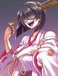  black_hair brass_knuckles chocolate commentary_request detached_sleeves evil_smile gekoge_satoru glasses green-framed_eyewear hairband headgear japanese_clothes kantai_collection kirishima_(kantai_collection) nontraditional_miko open_mouth short_hair smile solo weapon 