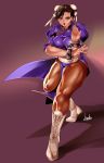  1girl boots bowalia breasts brown_eyes brown_hair capcom china_dress chinese_clothes chun-li double_bun dress full_body knee_boots long_hair looking_at_viewer muscle muscular_female open_mouth pantyhose signature street_fighter 