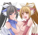  2girls animal_ears artist_request black_hair blonde_hair blue_eyes blush bow breasts cat cat_ears disgaea fang feline female happy large_breasts long_hair looking_at_viewer mammal monster_girl multiple_girls nekomata nekomata_(disgaea) nipples nippon_ichi open_mouth ponytail smile tail unknown_artist white_background yellow_eyes yuri 