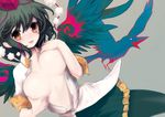  :p bird black_hair black_wings blush breast_lift breasts breasts_apart brown_eyes covering covering_breasts crow hat itou_life large_breasts looking_at_viewer open_clothes open_shirt shameimaru_aya shirt smile solo tokin_hat tongue tongue_out touhou wings 