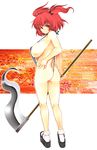  ass breasts clog_sandals hair_bobbles hair_ornament large_breasts legs mabuchoco_m onozuka_komachi red_eyes red_hair scythe short_hair sideboob slingshot_swimsuit solo swimsuit touhou two_side_up 