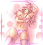  1girl artist_request blue_eyes breasts character_request ente highres large_breasts media nipples nurse panties pink_hair quiz_magic_academy solo striped_panties thighhighs underwear 