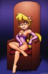  arm_chair blonde_hair blueafternoon bottomless breasts callie_briggs cat clothed clothing collaboration corset elbow_gloves eyewear feline female glasses gloves hair half-dressed mammal nipples sitting solo swat_kats vkyrie 