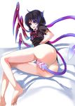  ass asymmetrical_wings bad_id bad_pixiv_id barefoot black_hair blue_hair bottomless covering covering_crotch feet gradient_hair houjuu_nue multicolored_hair red_eyes short_hair smile solo toes toono_yayoi touhou wing_censor wings yuu-gi-ou yuu-gi-ou_5d's 
