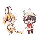  2girls :o animal_ears backpack bag bangs batta_(ijigen_debris) black_eyes black_hair blush_stickers bow bowtie chibi commentary d: detached_hair elbow_gloves eyebrows_visible_through_hair gloves grey_shorts hair_between_eyes hat hat_feather helmet kaban_(kemono_friends) kemono_friends looking_at_another multiple_girls open_mouth orange_bow orange_gloves orange_hair orange_neckwear orange_skirt pantyhose pith_helmet red_shirt scared serval_(kemono_friends) serval_ears serval_print serval_tail shirt shoes short_hair shorts simple_background skirt standing sweatdrop tail white_background white_shirt 