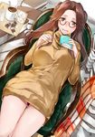  :d alternate_costume bespectacled book brown_eyes brown_hair glasses half_updo highres holding holding_book iapoc jintsuu_(kantai_collection) kantai_collection long_hair long_sleeves open_mouth red-framed_eyewear sitting smile solo sweater yellow_sweater 