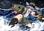  :o arm_warmers black_legwear commentary grey_skirt hat highres kantai_collection kneehighs mizumoto_tadashi ooshio_(kantai_collection) pleated_skirt purple_hair shirt short_hair short_sleeves short_twintails skirt smokestack solo suspenders turret twintails v-shaped_eyebrows white_shirt 
