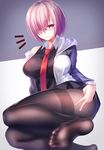  1girl blush fate/grand_order feet glasses hair_over_one_eye large_breasts lavender_hair looking_at_viewer on_side pantyhose purple_eyes shielder_(fate/grand_order) short_hair soles toes v 
