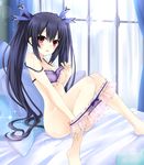  bad_id bad_pixiv_id bare_shoulders black_hair blush bra breasts hair_ribbon highres long_hair looking_at_viewer medium_breasts neptune_(series) nipples noire panties panty_pull red_eyes ribbon solo twintails underwear undressing zero_(ray_0805) 