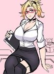  1girl bespectacled black_legwear black_skirt blonde_hair blush breasts cleavage collar collarbone crossed_legs cyborg eyebrows_visible_through_hair genji_(overwatch) glasses hair_tie large_breasts looking_at_viewer megane_man mercy_(overwatch) miniskirt overwatch panties pantyshot pantyshot_(sitting) purple_eyes school_uniform sitting skirt solo_focus teacher thighhighs underwear 