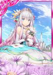  akkijin bare_shoulders blue_eyes blue_sky bouquet bride castle cloud day flower garden gloves hair_flower hair_ornament looking_at_viewer multicolored_hair official_art petals queen shinkai_no_valkyrie silver_hair sky solo tiara white_gloves 