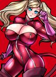  bangs blonde_hair blue_eyes boots breasts cleavage cleavage_cutout eyebrows_visible_through_hair full-length_zipper gloves hair_ornament large_breasts long_hair looking_at_viewer megane_man open_mouth persona persona_5 smile solo takamaki_anne twintails whip zipper 