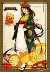  :d absurdly_long_hair akagi_shun apron bangs brown_eyes brown_hair brown_hat commentary_request earrings food food_print frame fruit haori hat holding holding_tray japanese_clothes jewelry kimono long_hair long_sleeves looking_at_viewer obi open_mouth orange orange_slice original pancake sash signature smile solo standing tabi tray very_long_hair waist_apron walking wide_sleeves yagasuri yellow_kimono zouri 