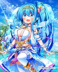  angelmaster blue_eyes blue_hair bracelet breasts circlet cleavage cloud day dress fujiwara_gacho hair_ornament head_fins highres jewelry large_breasts leg_lift liza_(angelmaster) long_hair navel official_art open_mouth outdoors outstretched_arms ponytail sky smile solo thighhighs water white_legwear 