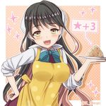 apron bandana black_hair bow commentary_request fang food fried_rice green_bow hair_ribbon halterneck hand_on_hip kantai_collection long_hair looking_at_viewer multicolored_hair naganami_(kantai_collection) onigiri ootori_(kyoya-ohtori) open_mouth pink_hair plate ribbon school_uniform shirt sleeves_rolled_up twitter_username two-tone_hair upper_body wavy_hair wavy_mouth white_shirt yellow_apron 