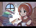  book breasts brown_eyes brown_hair detached_sleeves hairband holding holding_book indoors kantai_collection large_breasts mizumoto_tadashi natori_(kantai_collection) open_mouth short_hair solo stairs upper_body white_hairband 