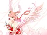  angel_wings aqua_eyes bouquet breasts cleavage dress flower hair_between_eyes hair_flower hair_ornament jewelry large_breasts lips long_hair maria_cadenzavna_eve necklace pink_flower pink_rose red_flower red_rose ring rose senki_zesshou_symphogear solo sy_(0103029) very_long_hair wedding_band wedding_dress white_dress white_flower white_rose wings 